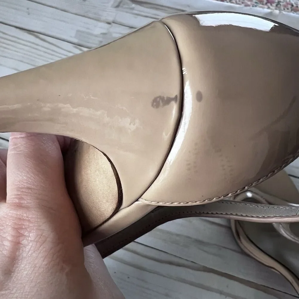 Tory Burch Shelley Heels Nude T Strap Stiletto Patent Leather Womens Size 9